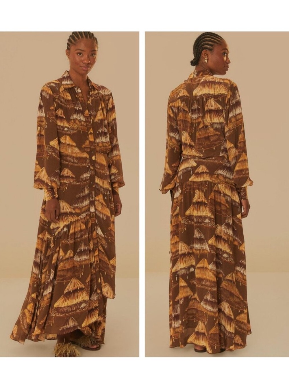 FARM Rio Malocas Brown & Beige Patterned Button-Front Maxi Shirt Dress XS